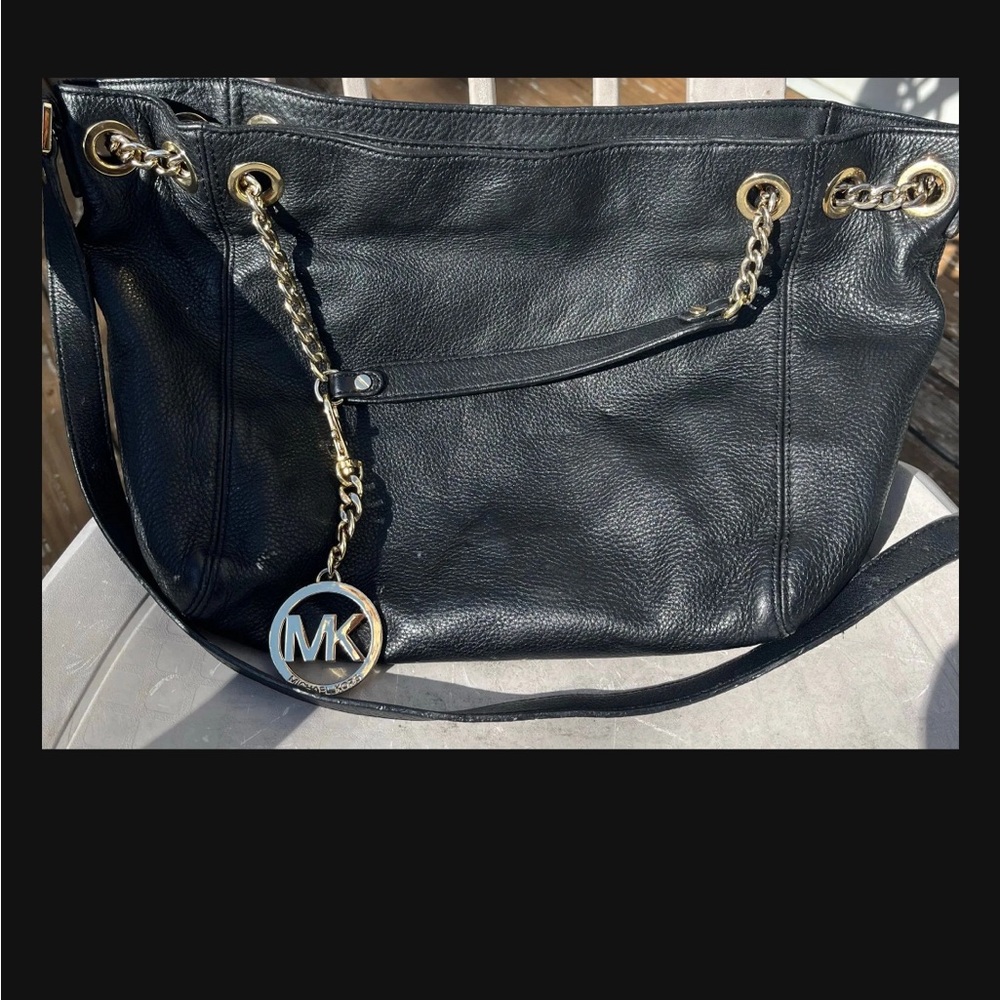 Michael Kors Black Leather Shoulder Bag with Gold Accents